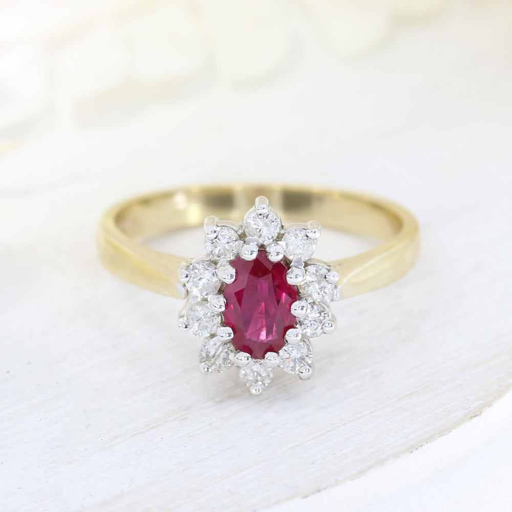 9ct Yellow Gold Oval Claw Set Ruby & Diamond Cluster Ring