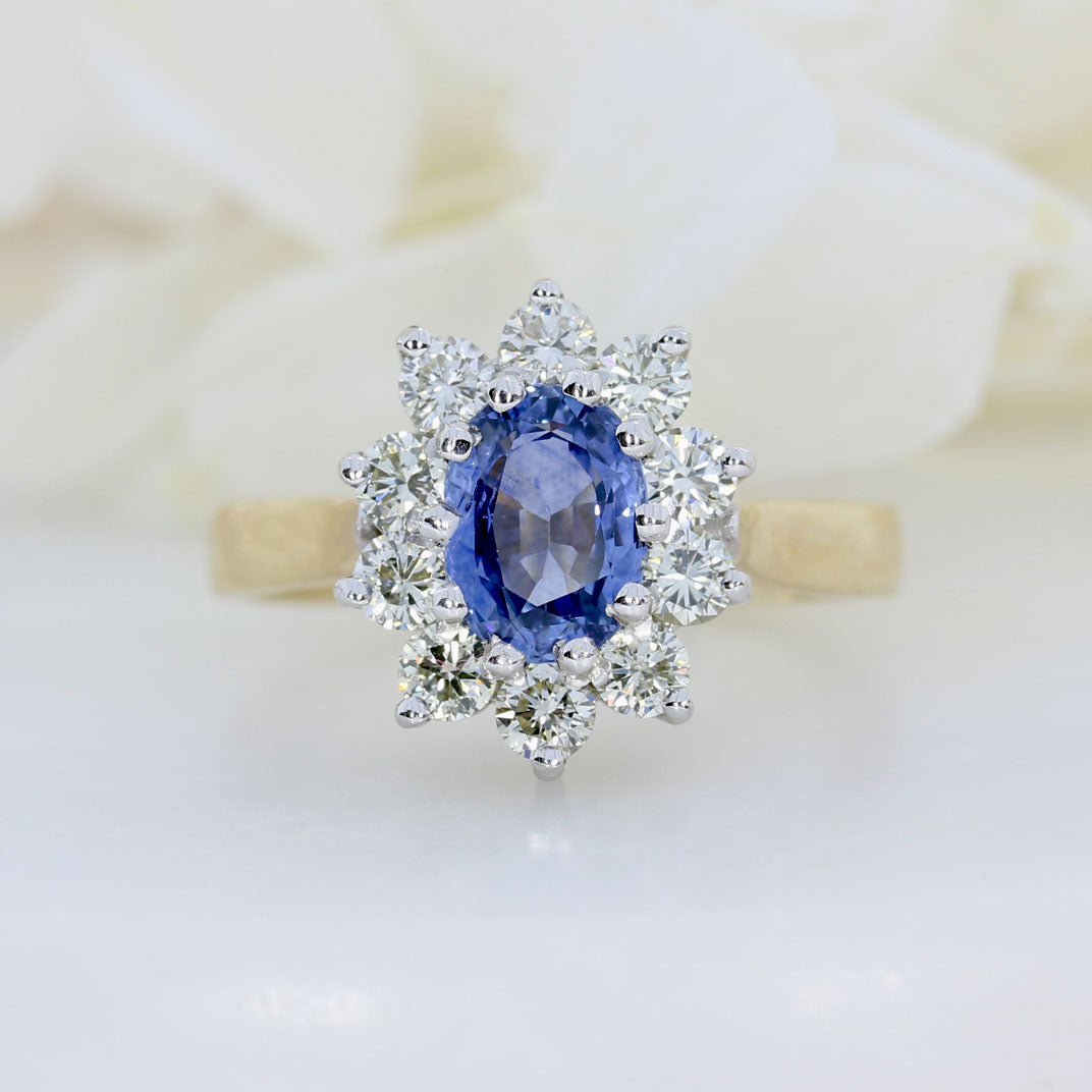 9ct Yellow Gold Oval Sapphire & Diamond Cluster Ring