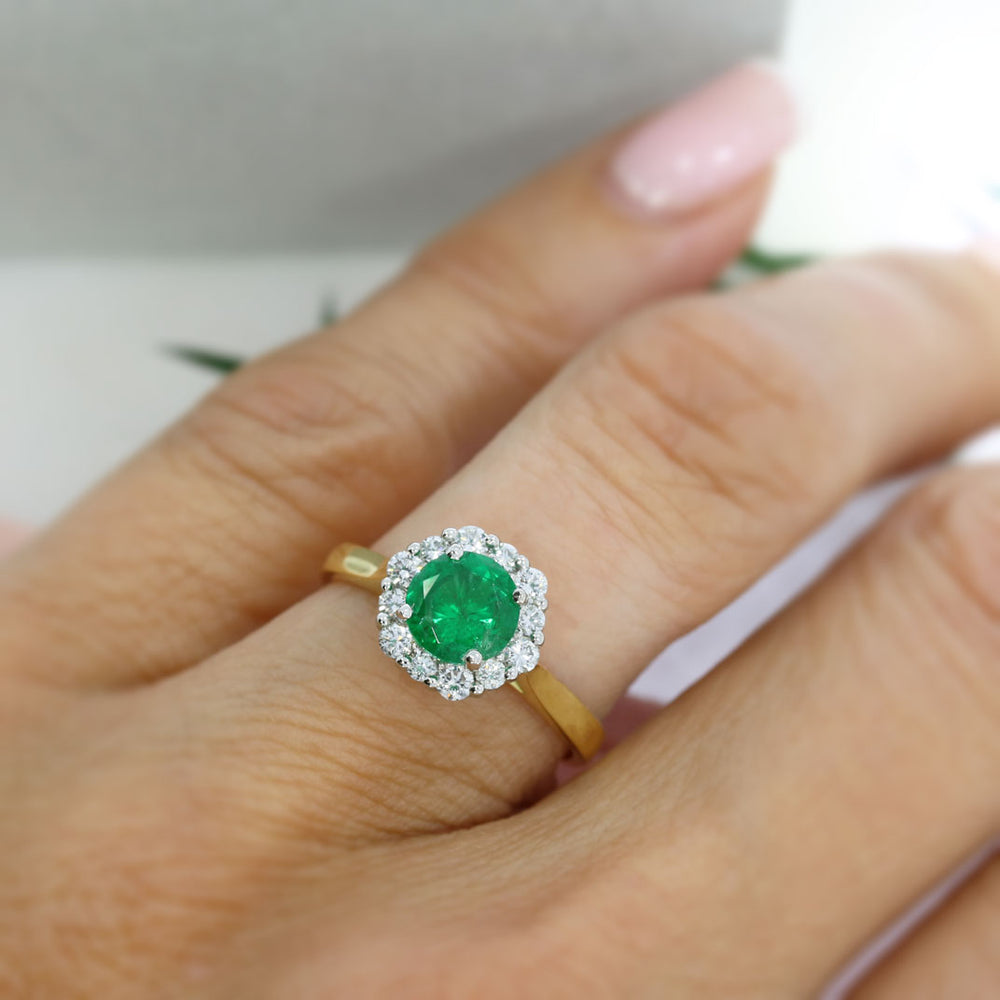 18ct Yellow Gold Round Emerald & Diamond Cluster Ring