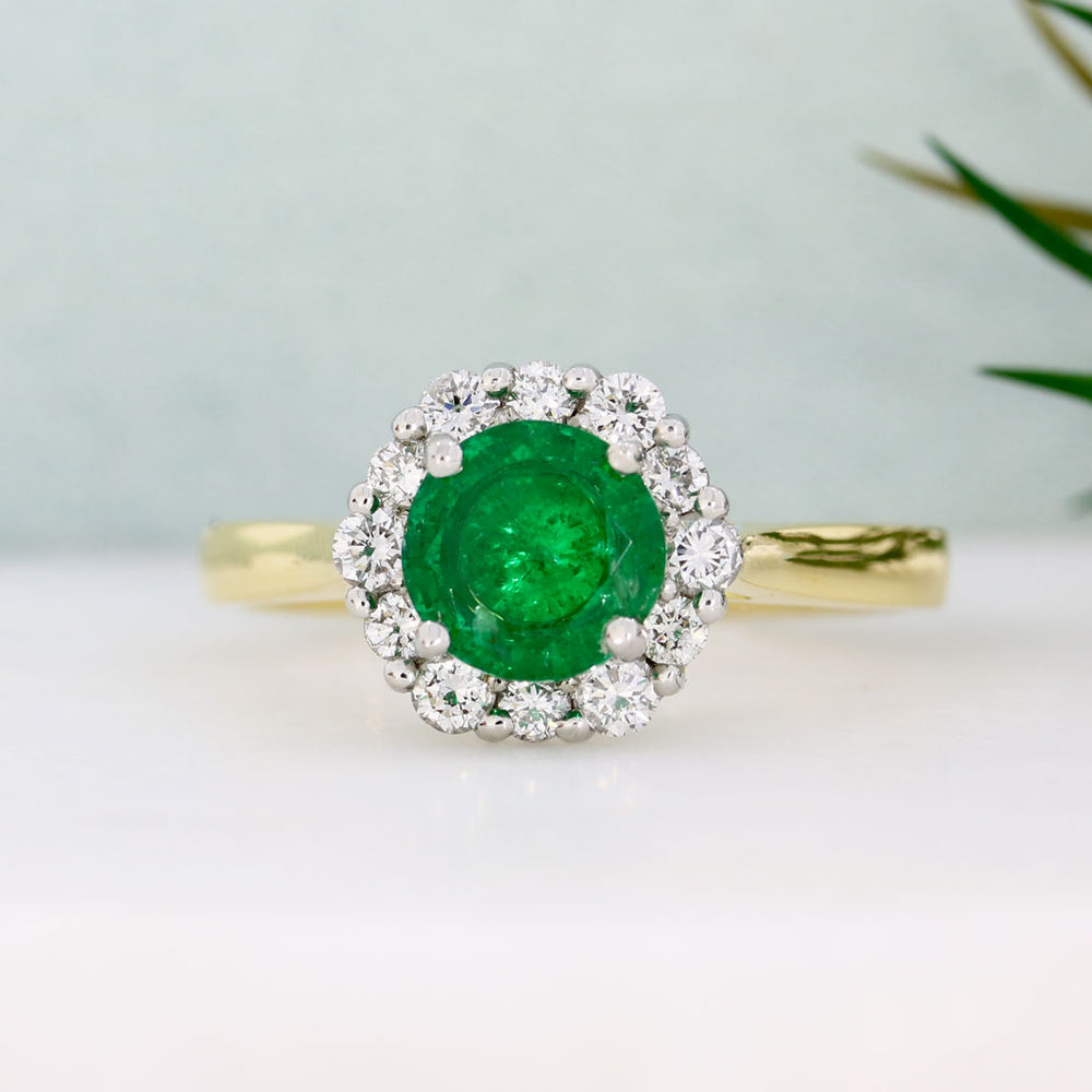 18ct Yellow Gold Round Emerald & Diamond Cluster Ring