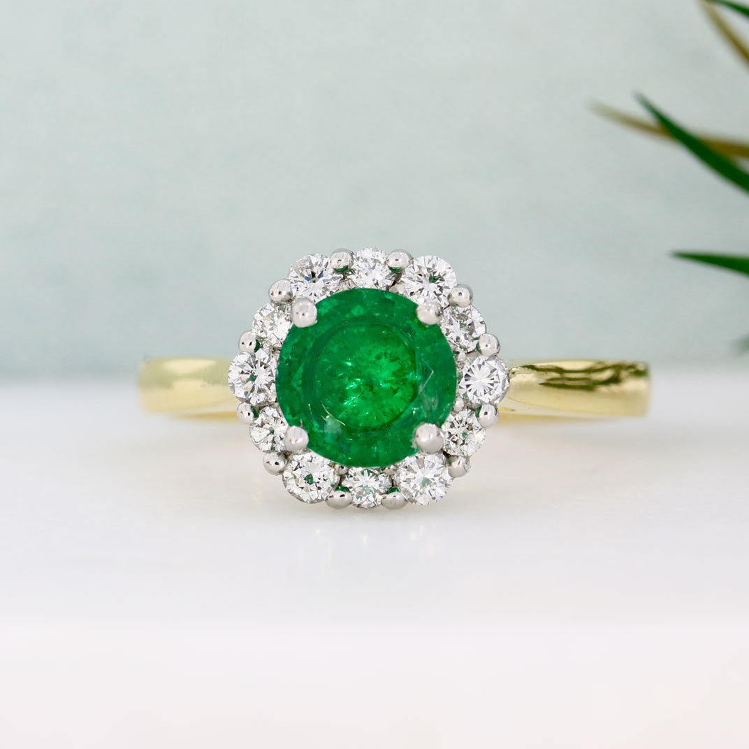 18ct Yellow Gold Round Emerald & Diamond Cluster Ring