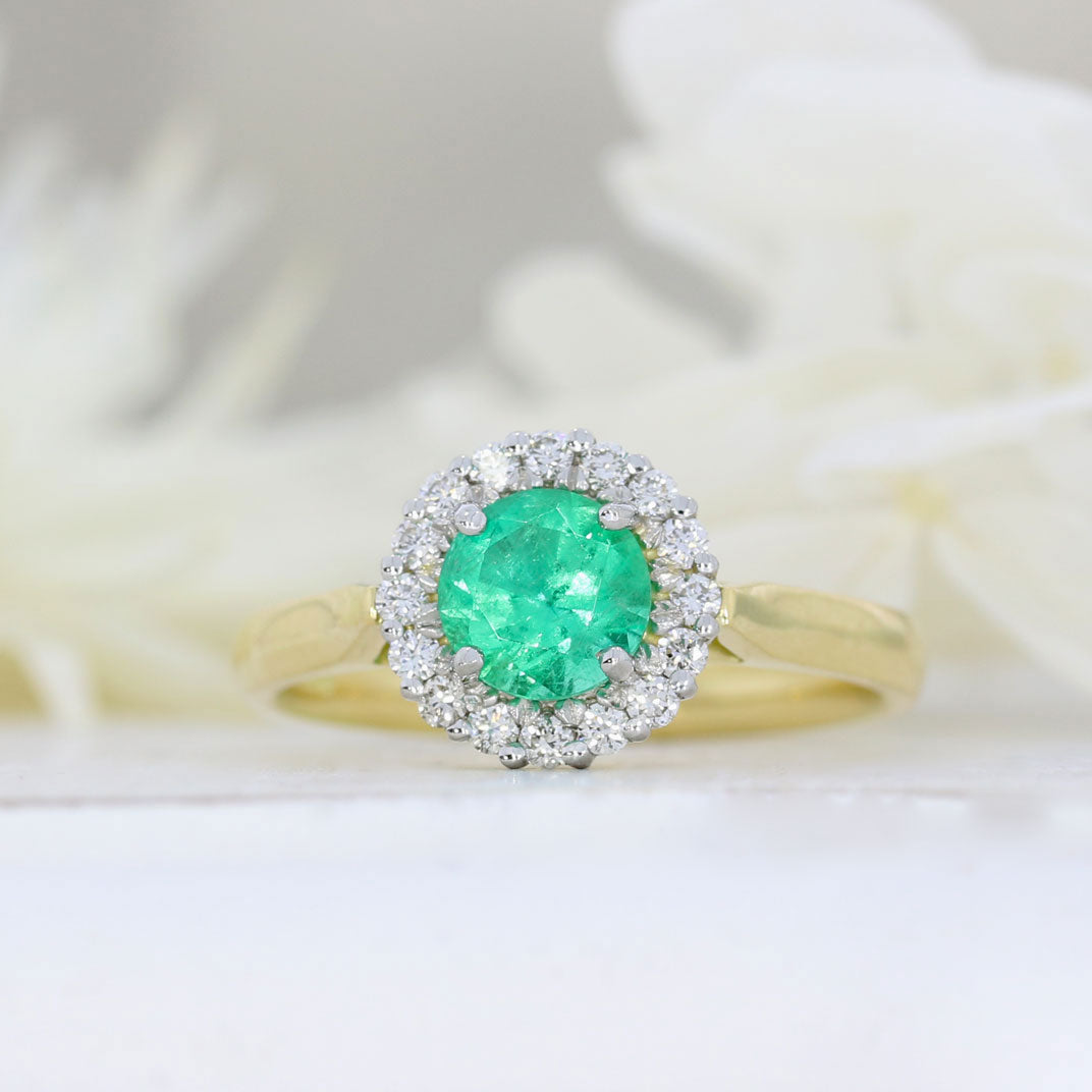 18ct Yellow Gold Round Emerald & Diamond Cluster Ring