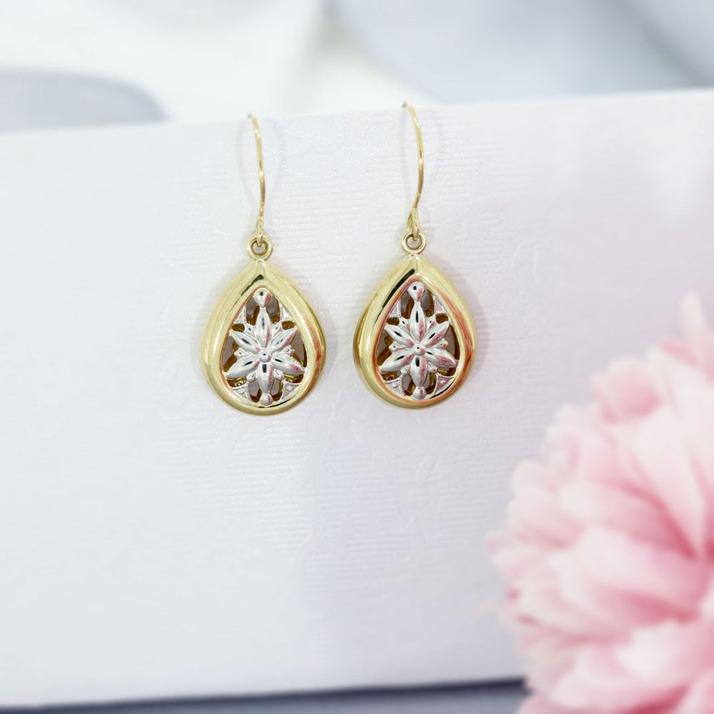 9ct Yellow & White Gold Teardrop Drop Earrings with Flower Detail