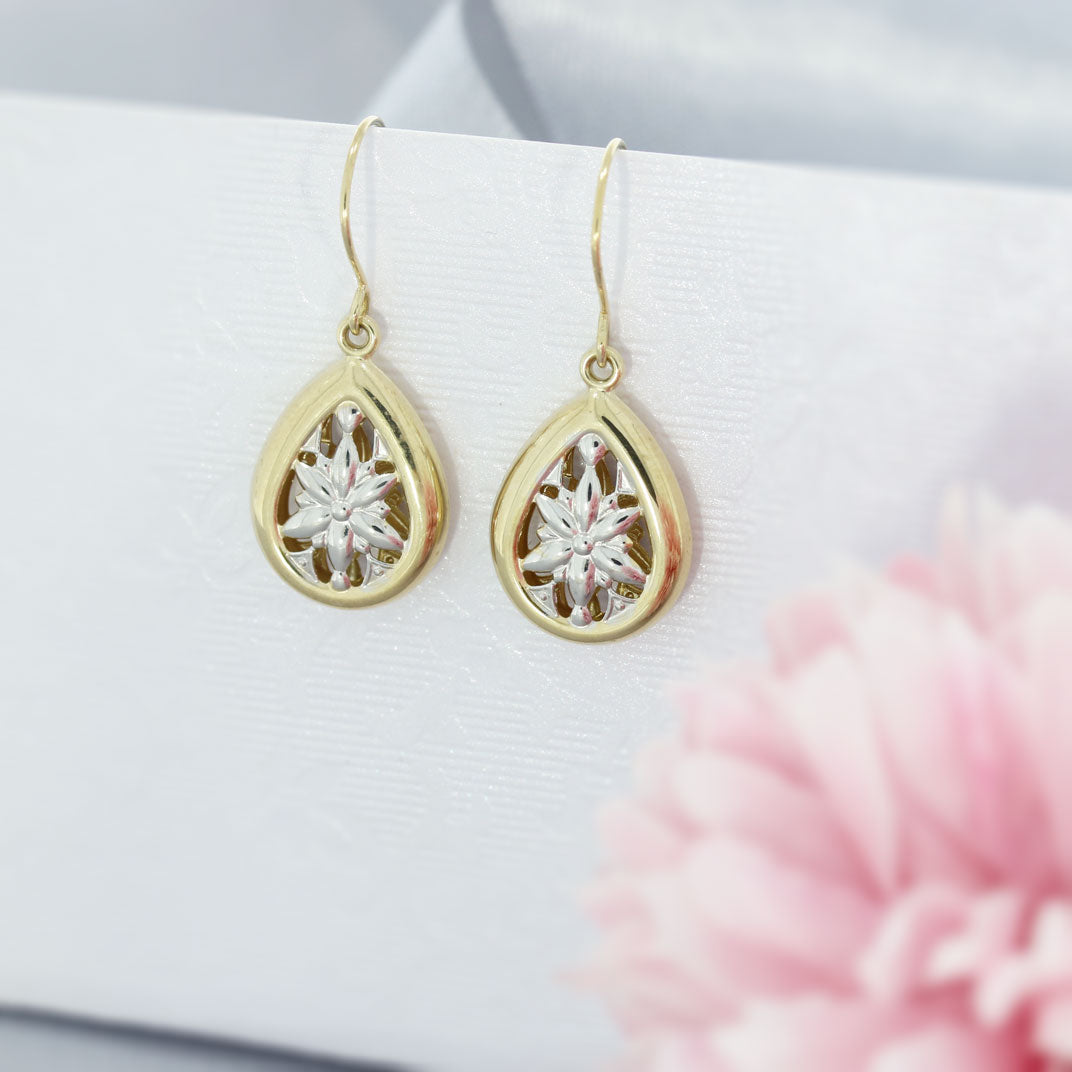 9ct Yellow & White Gold Teardrop Drop Earrings with Flower Detail