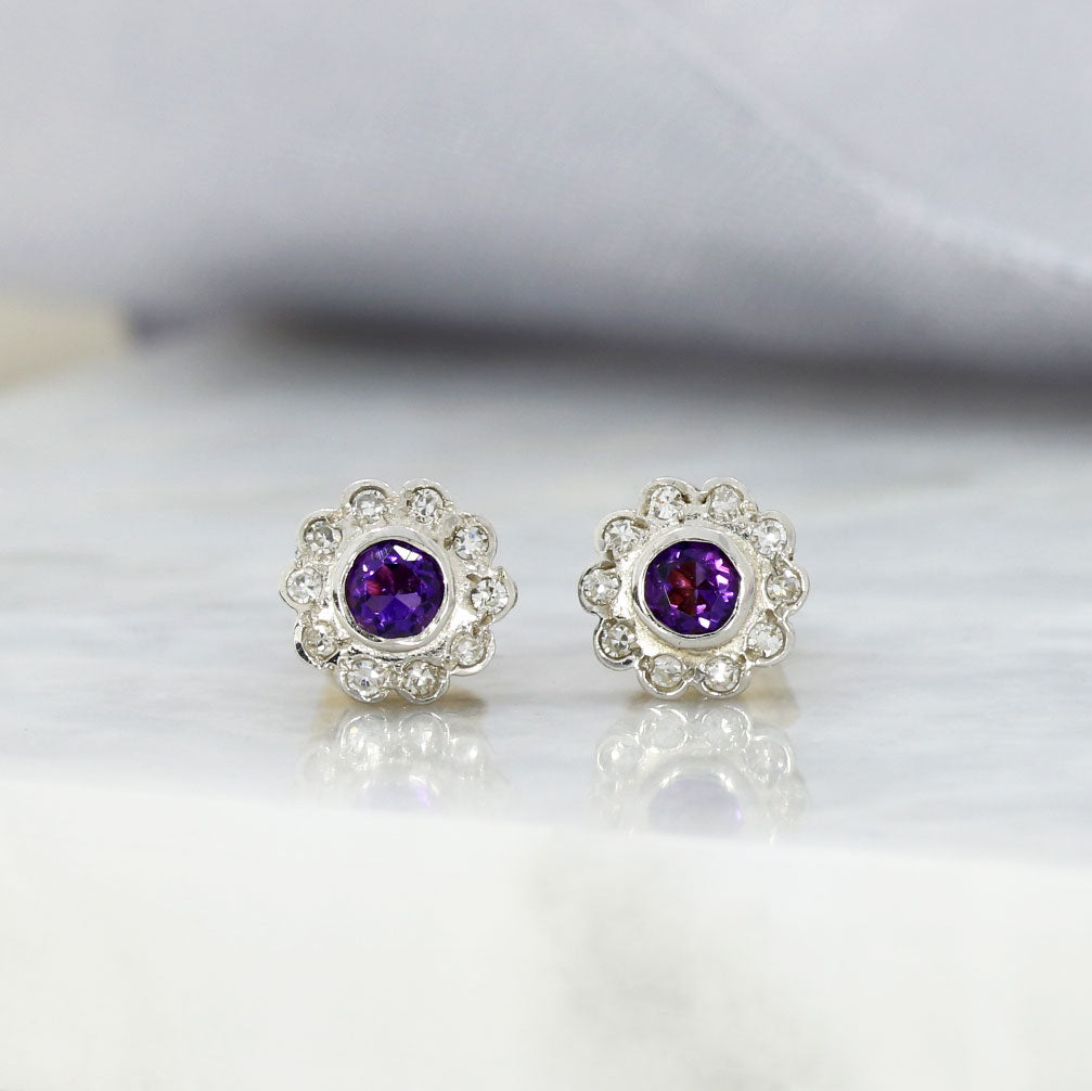 9ct Gold Amethyst & Diamond Flower Cluster Stud Earrings