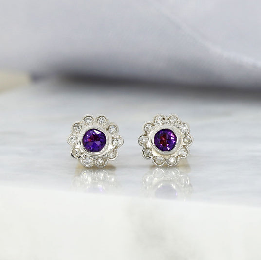 9ct Gold Amethyst & Diamond Flower Cluster Stud Earrings