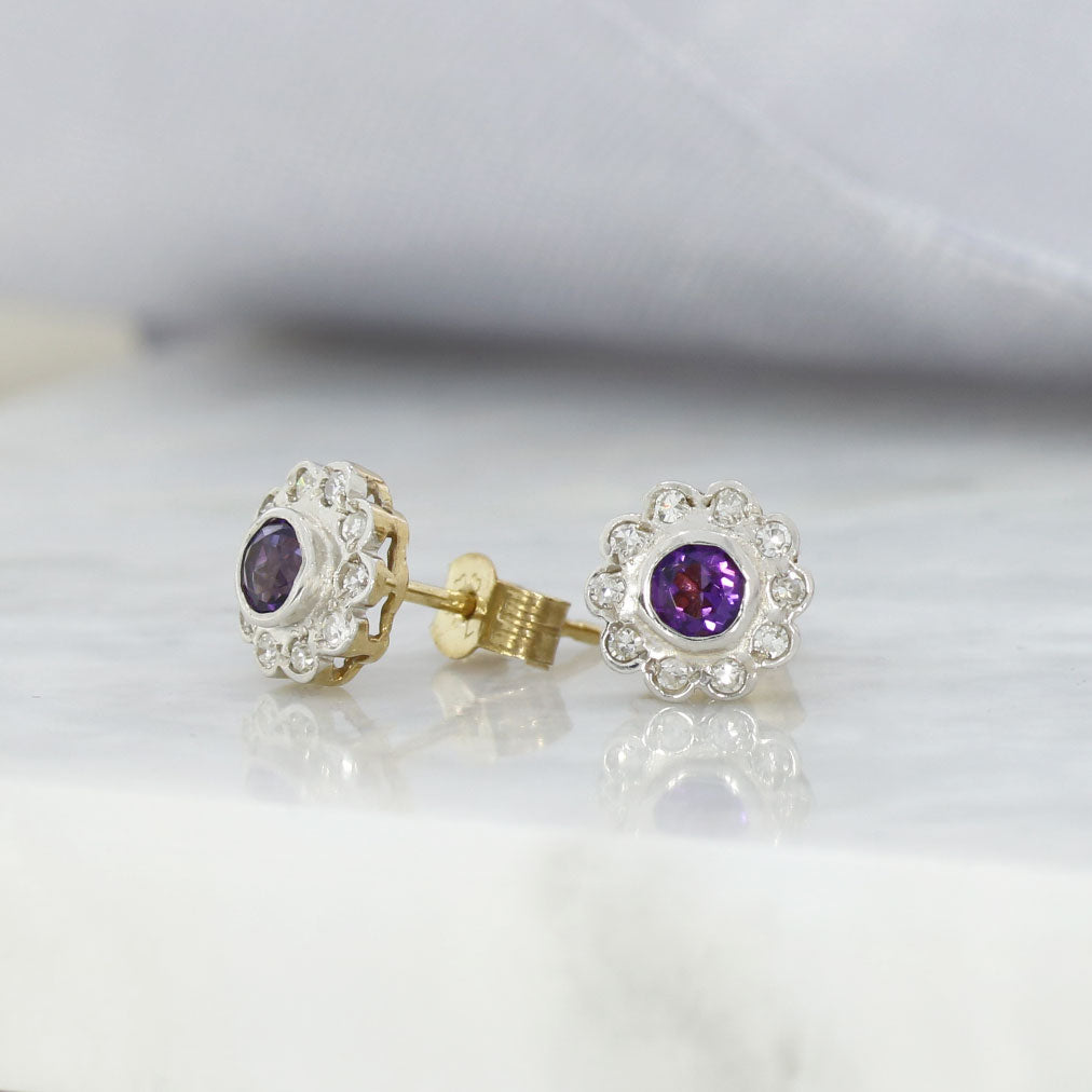 9ct Gold Amethyst & Diamond Flower Cluster Stud Earrings