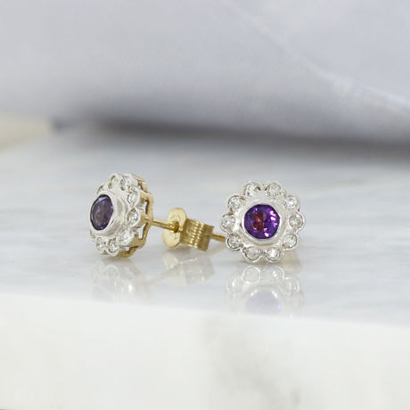 9ct Gold Amethyst & Diamond Flower Cluster Stud Earrings
