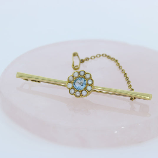Pre Owned 15ct Yellow Gold Aquamarine & Seed Pearl Brooch