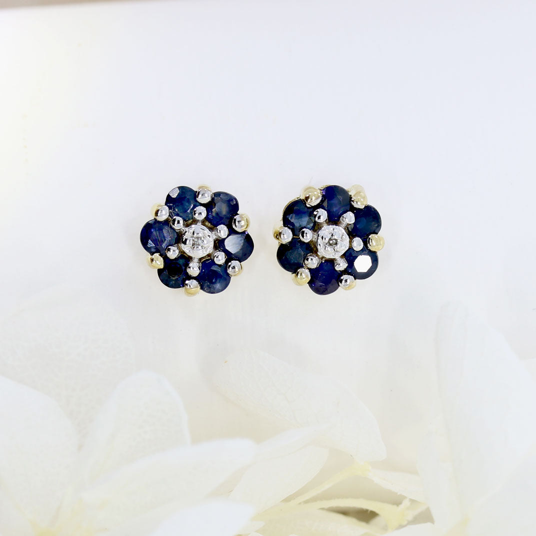9ct Yellow Gold Sapphire & Diamond Flower Cluster Stud Earrings