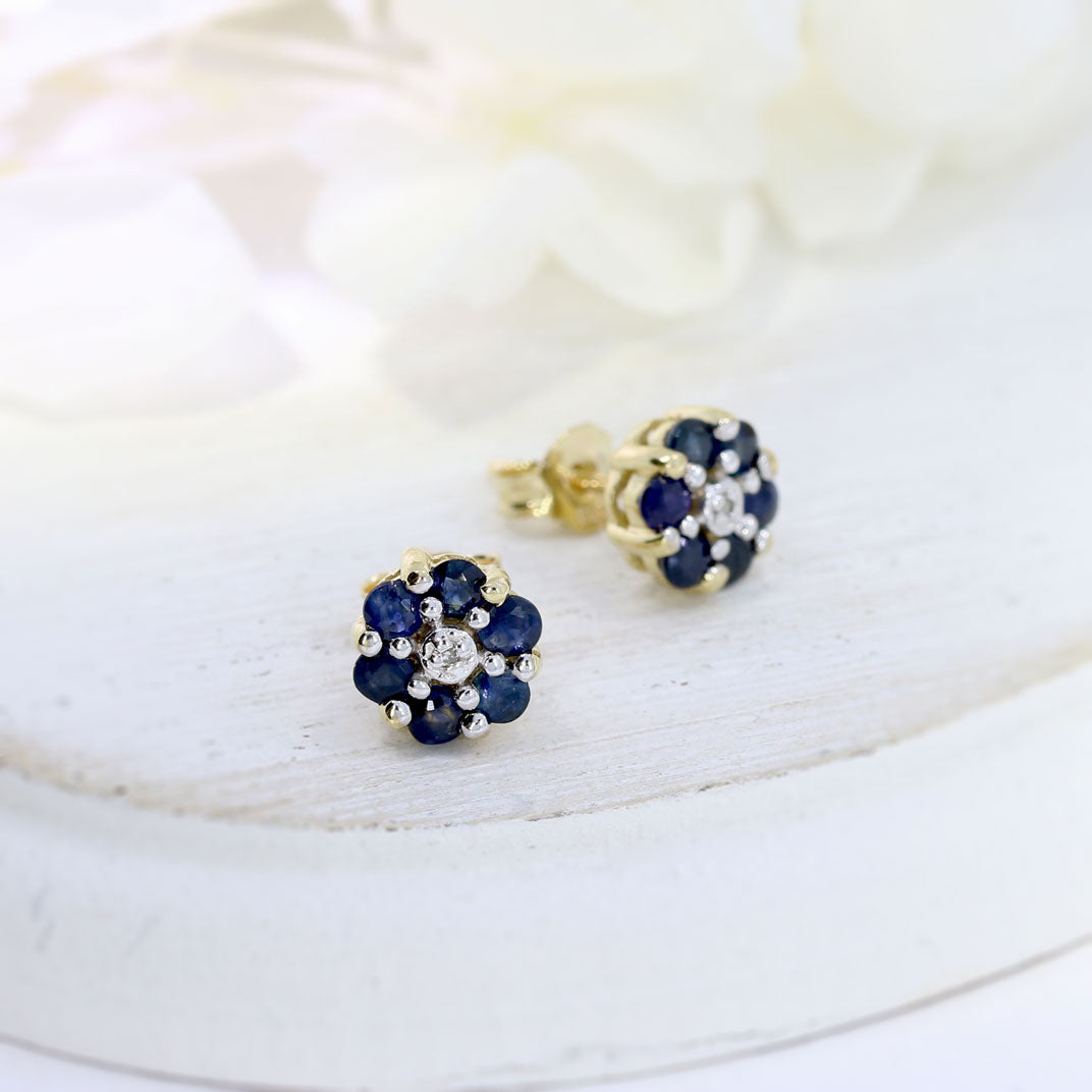 9ct Yellow Gold Sapphire & Diamond Flower Cluster Stud Earrings