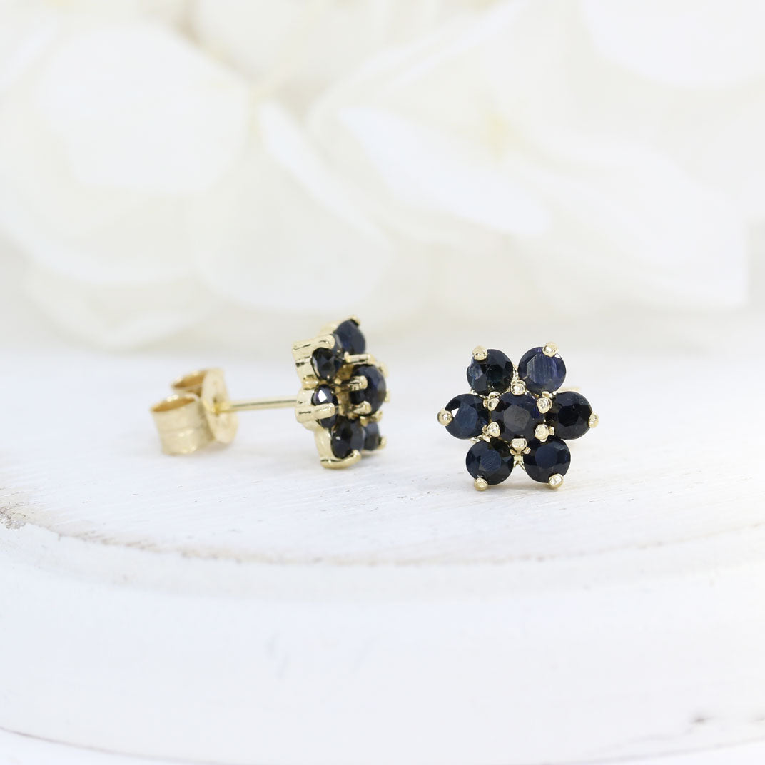9ct Yellow Gold Sapphire Flower Cluster Stud Earrings