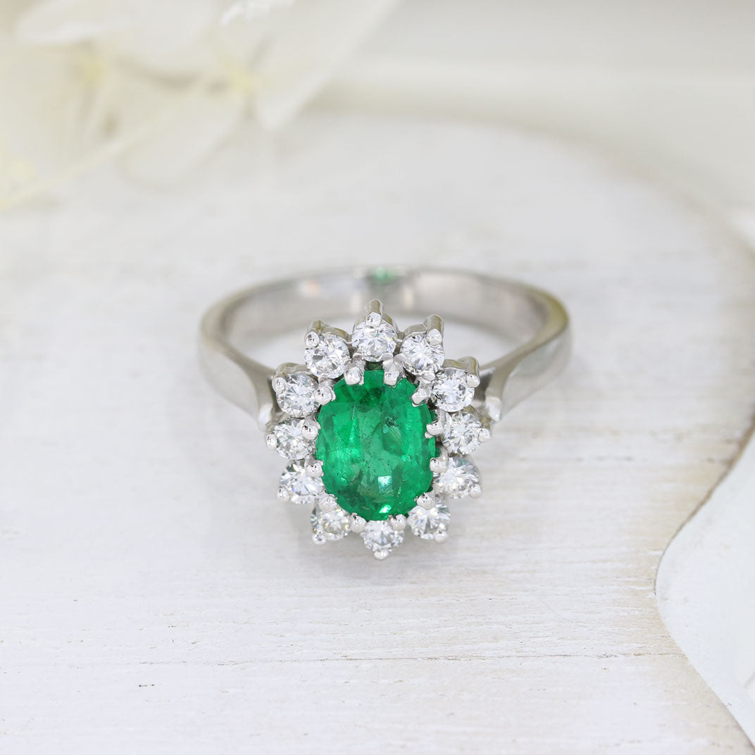 18ct White Gold Oval Claw Set Emerald & Diamond Cluster Ring