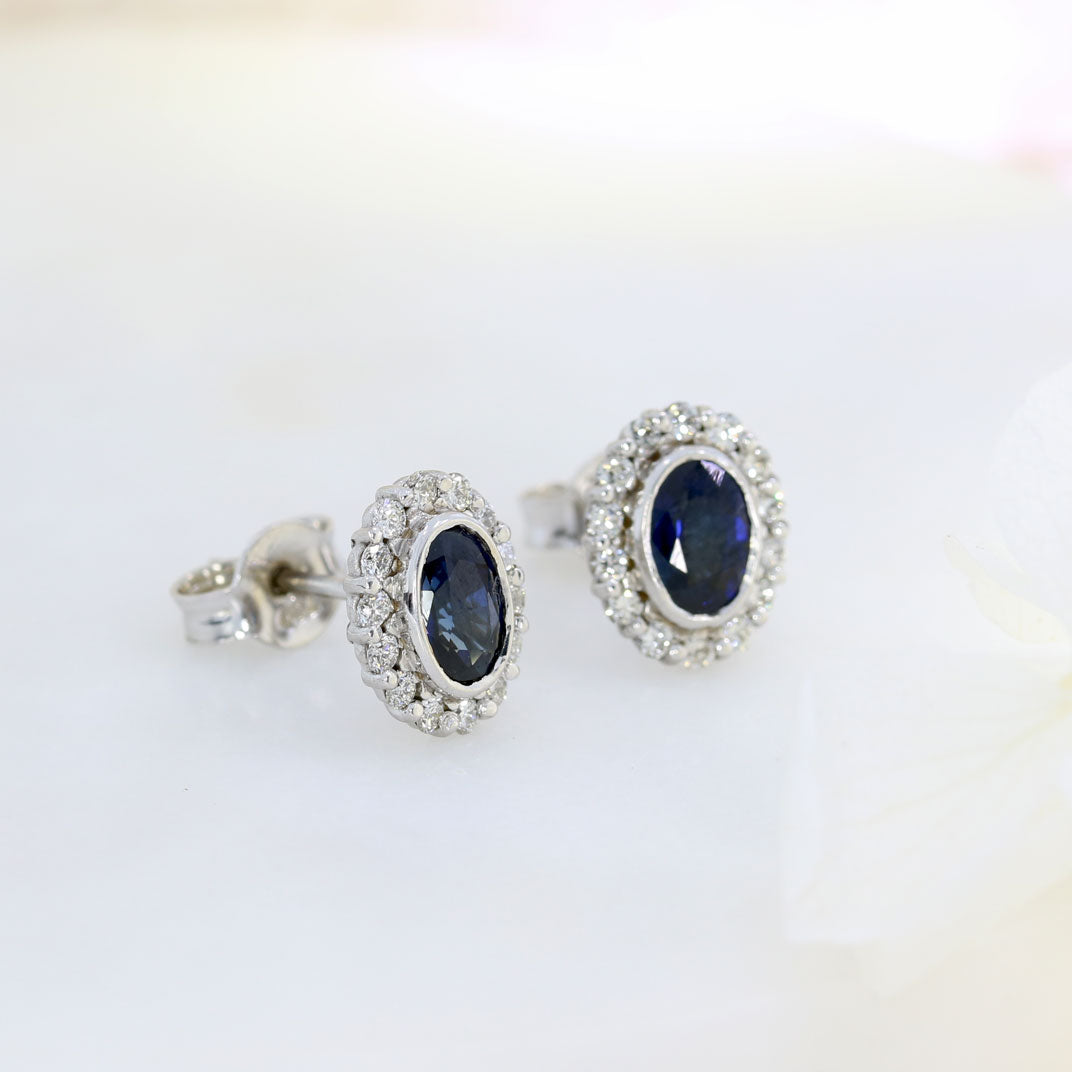 18ct White Gold Oval Sapphire & Diamond Cluster Stud Earrings