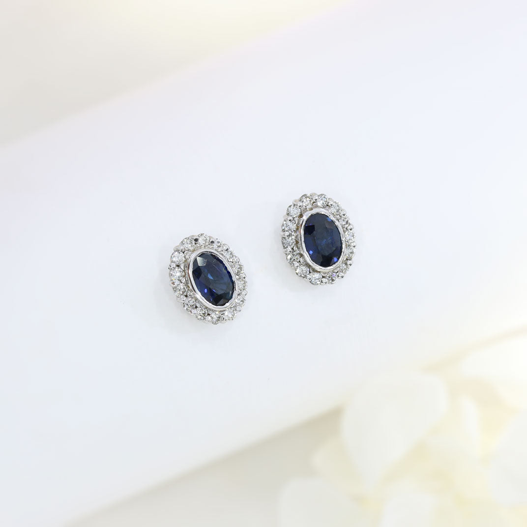 18ct White Gold Oval Sapphire & Diamond Cluster Stud Earrings