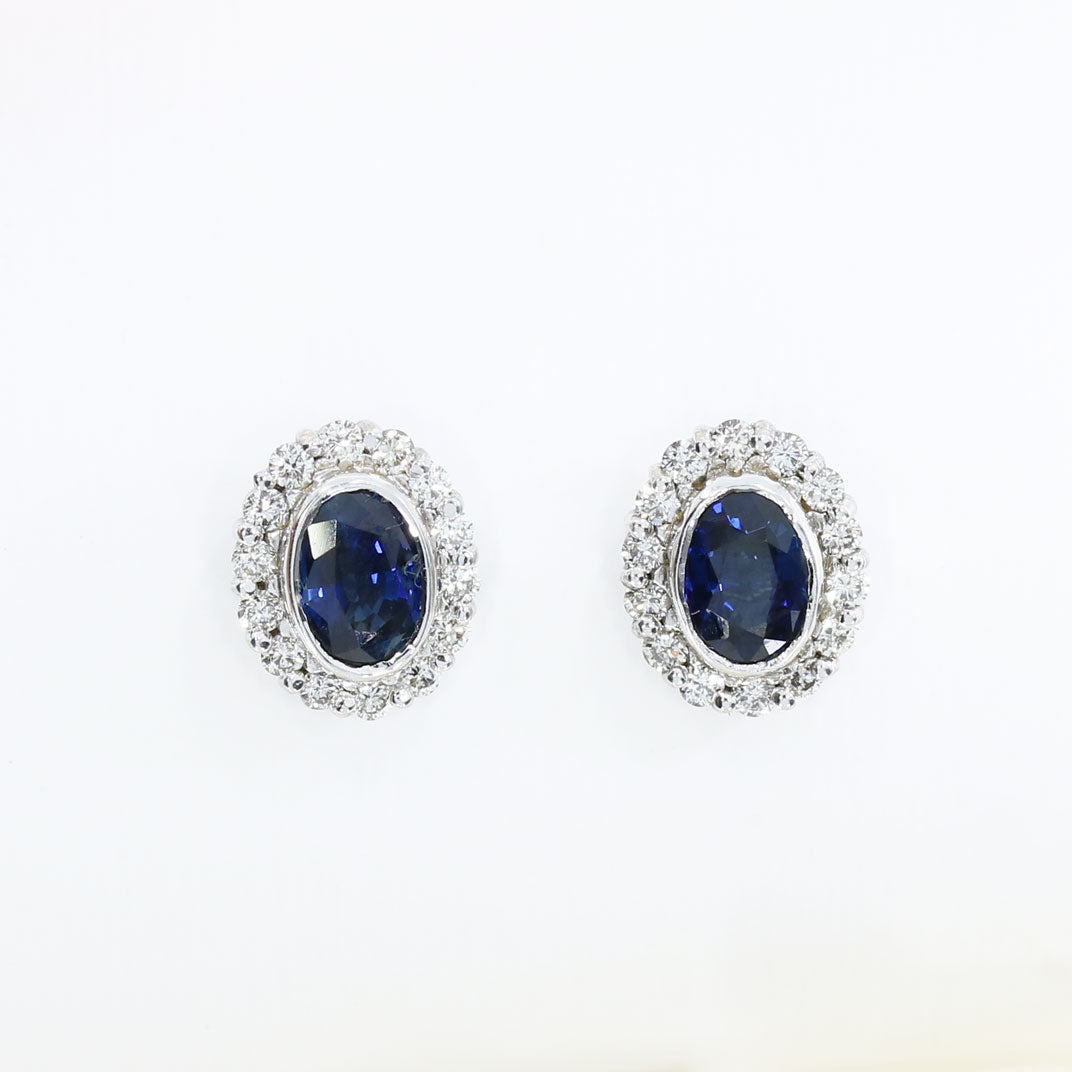 18ct White Gold Oval Sapphire & Diamond Cluster Stud Earrings