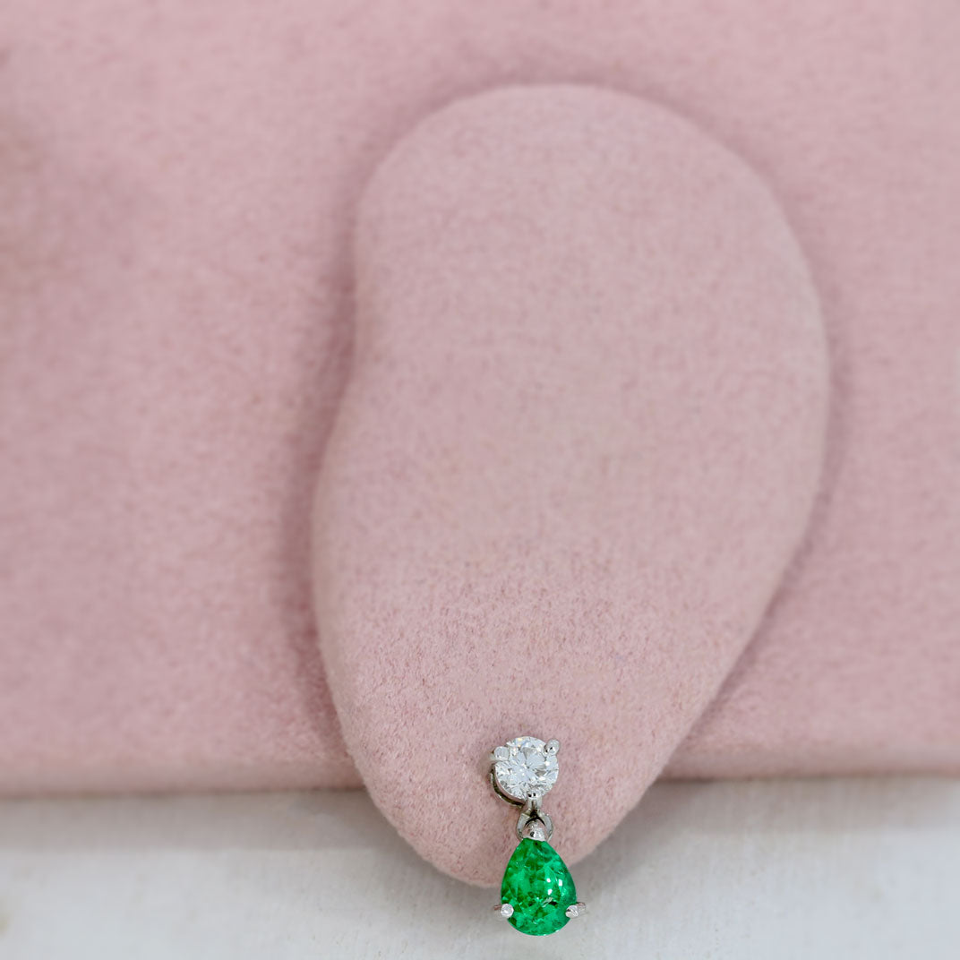 18ct White Gold Pear Shape Emerald & Brilliant Cut Diamond Drop Earrings