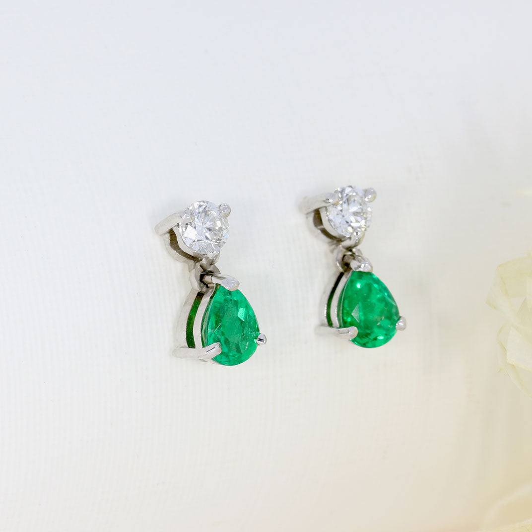 18ct White Gold Pear Shape Emerald & Brilliant Cut Diamond Drop Earrings
