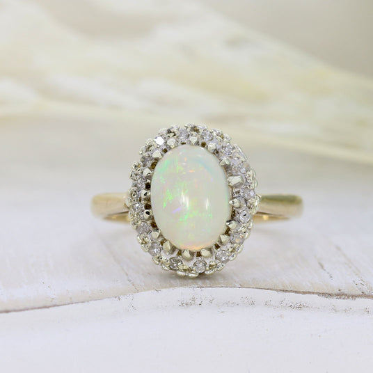 Pre Owned 9ct Yellow Gold Opal & Diamond Cluster Ring
