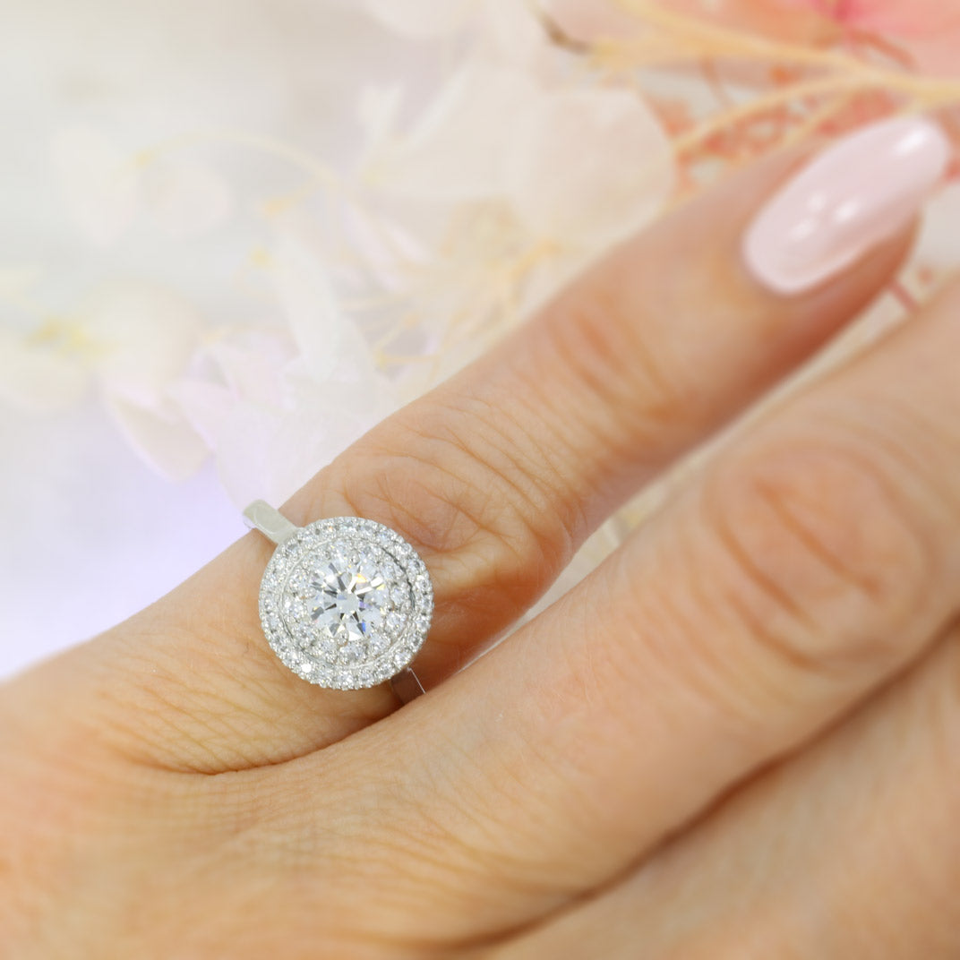 Pre Owned Platinum Diamond Solitaire Ring with a Double Halo total 1.10ct