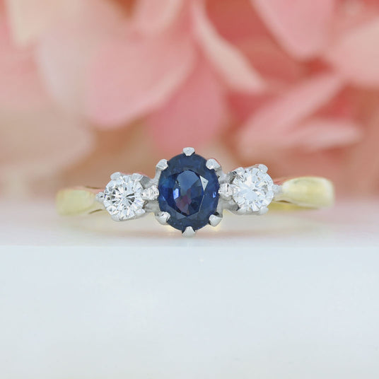 Pre Owned 18ct Gold Claw Set Sapphire & Diamond 3 Stone Ring