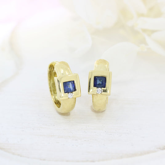 Pre Owned 18ct Yellow Gold Sapphire & Diamond Huggie Earrings