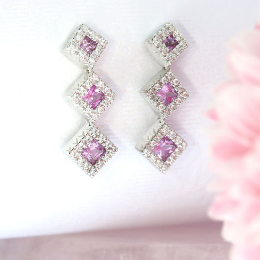 Pre Owned 18ct White Gold Pink Sapphire & Diamond Cluster Drop Earrings