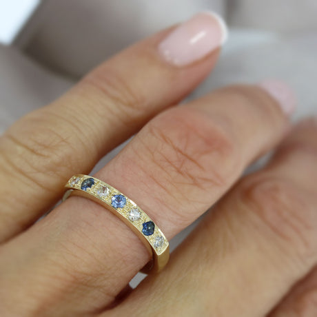 9ct Yellow Gold Pave Set Sapphire & Diamond Half Eternity Ring
