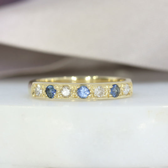 9ct Yellow Gold Pave Set Sapphire & Diamond Half Eternity Ring