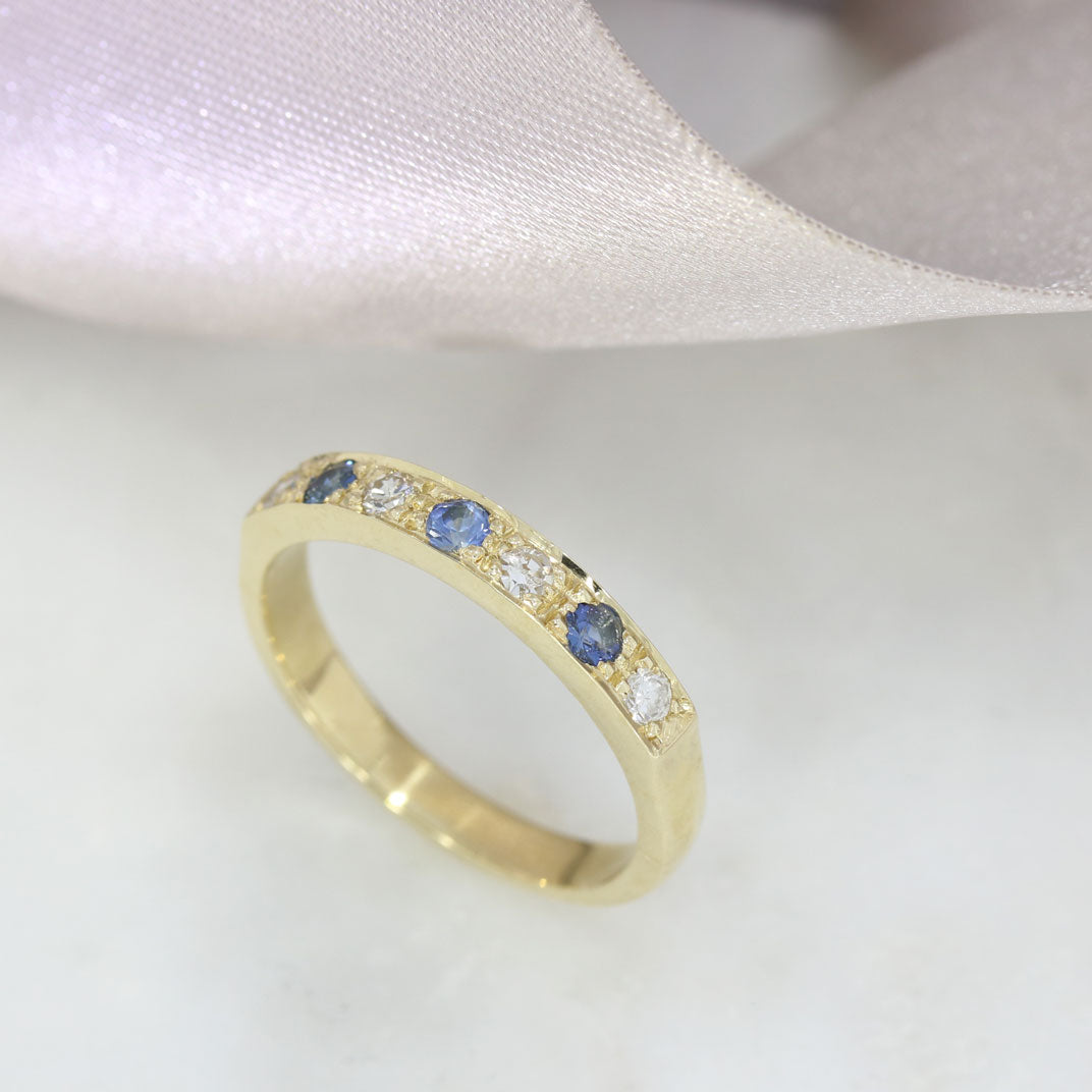 9ct Yellow Gold Pave Set Sapphire & Diamond Half Eternity Ring