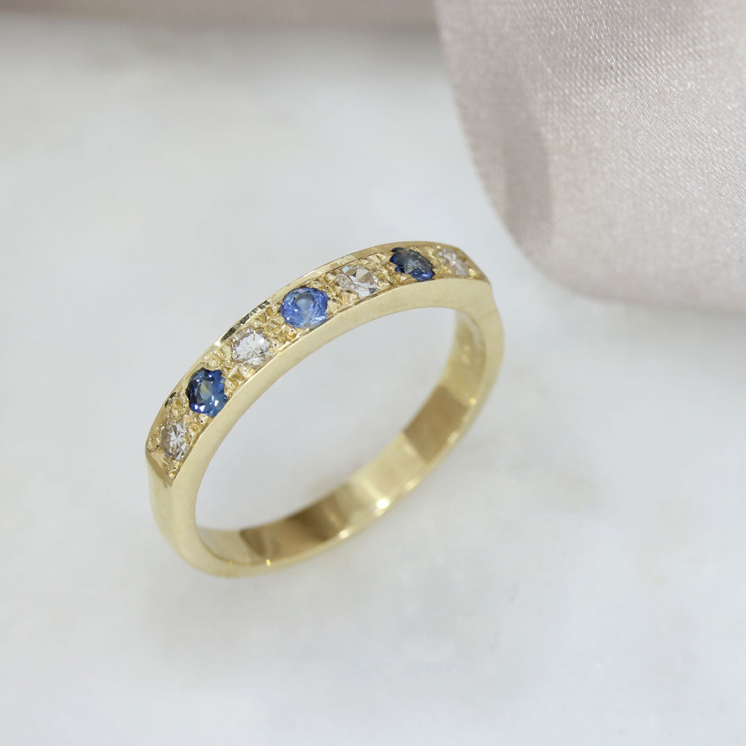 9ct Yellow Gold Pave Set Sapphire & Diamond Half Eternity Ring