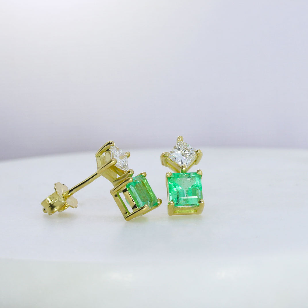 18ct Gold Square Emerald 1.53ct & Princess Cut Diamond 0.51ct Stud Earrings