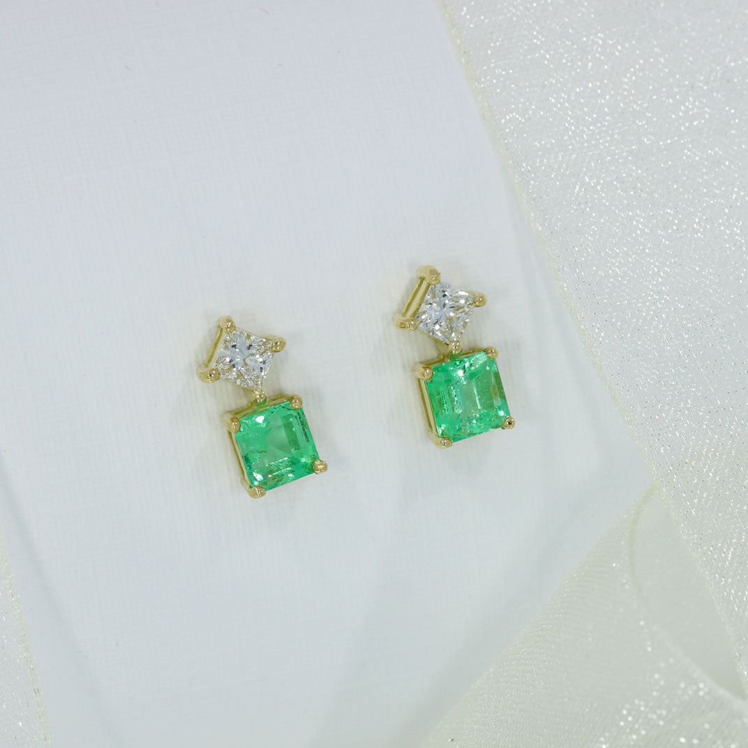 18ct Gold Square Emerald 1.53ct & Princess Cut Diamond 0.51ct Stud Earrings
