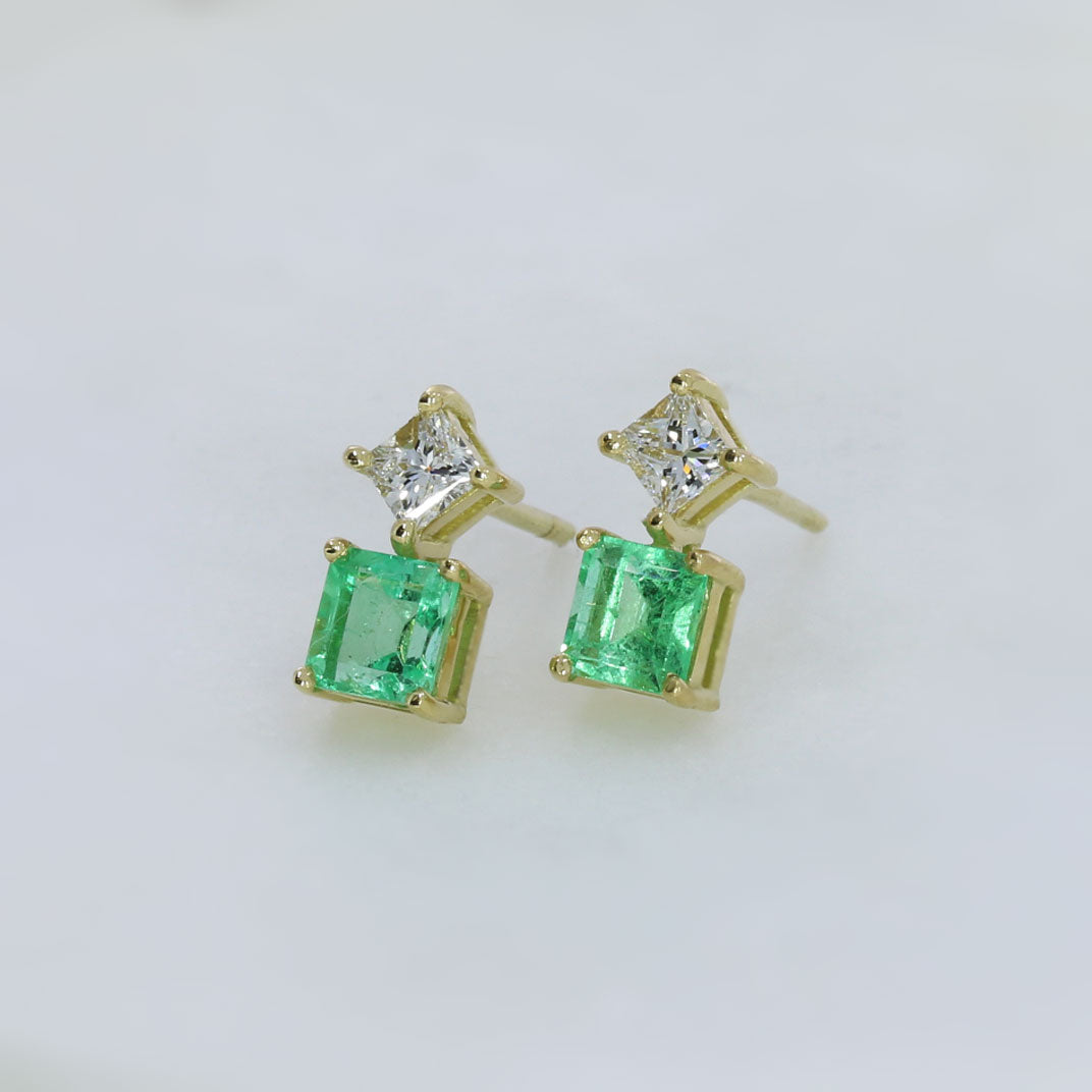 18ct Gold Square Emerald 1.53ct & Princess Cut Diamond 0.51ct Stud Earrings