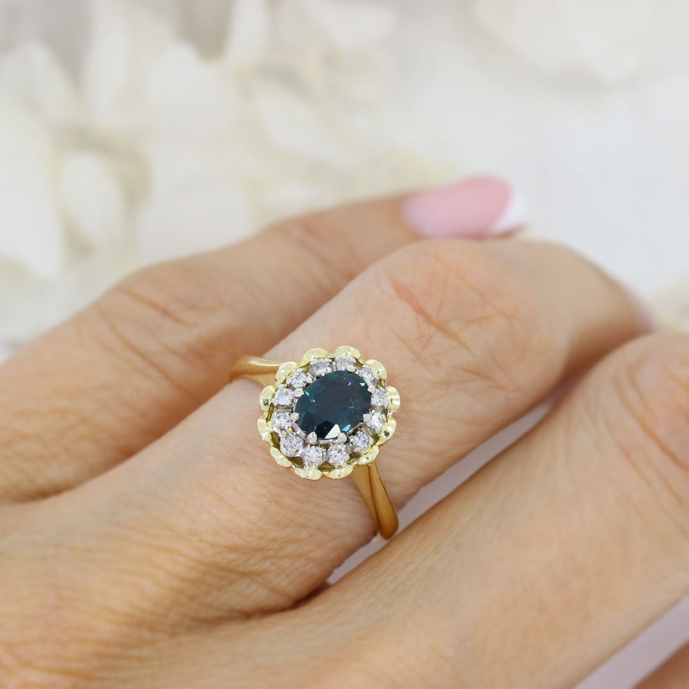 Pre Owned 18ct Gold Oval Claw Set Sapphire & Diamond Cluster Ring