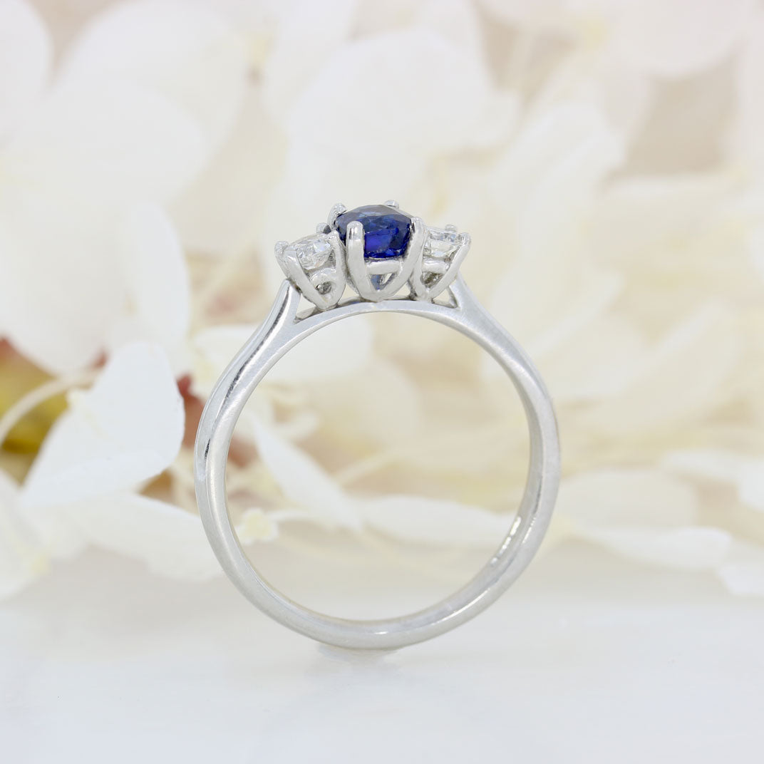 Platinum Cushion Shape Sapphire & Round Diamond 3 Stone Ring