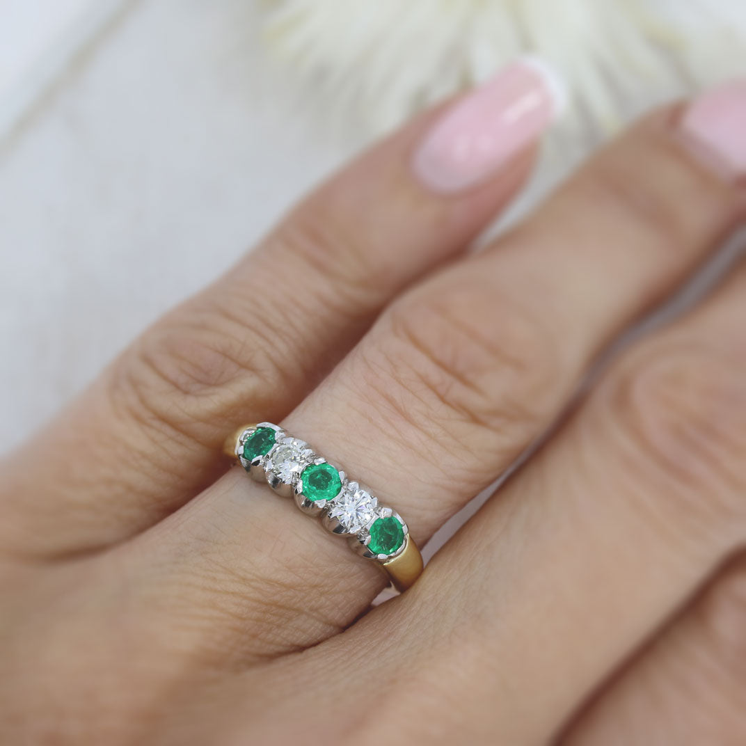 18ct Yellow Gold Emerald & Diamond 5 Stone Eternity Ring