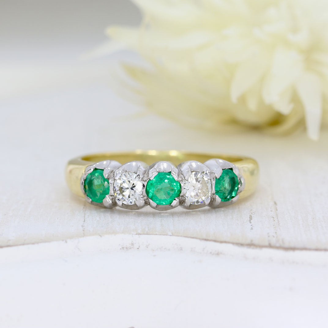 18ct Yellow Gold Emerald & Diamond 5 Stone Eternity Ring