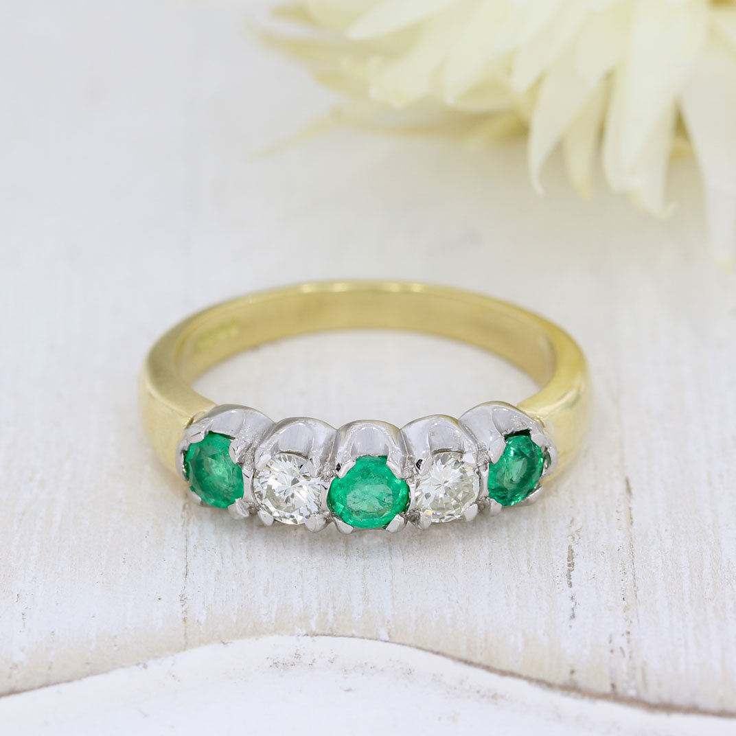 18ct Yellow Gold Emerald & Diamond 5 Stone Eternity Ring