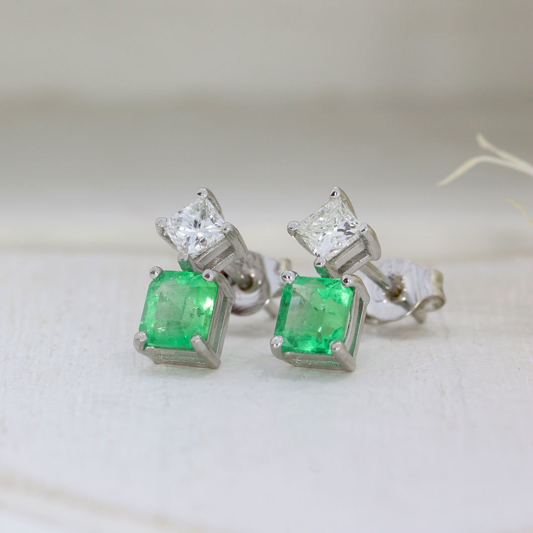 18ct White Gold Square Emerald & Princess Cut Diamond Stud Earrings