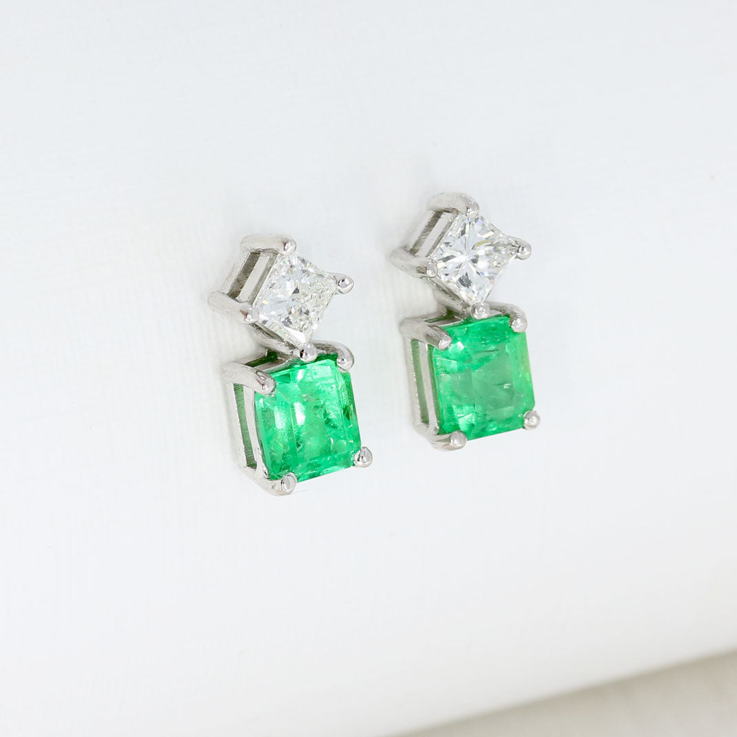 18ct White Gold Square Emerald & Princess Cut Diamond Stud Earrings