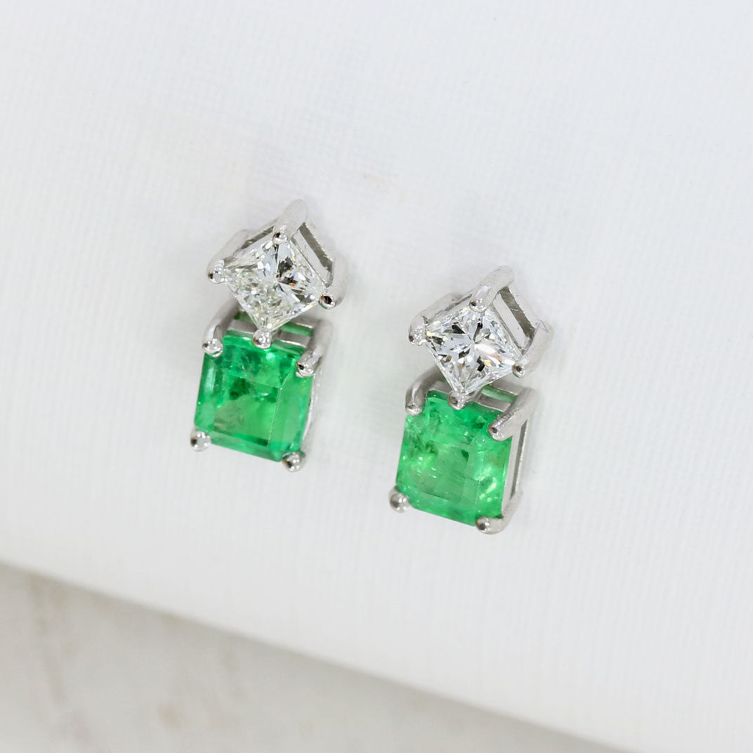 18ct White Gold Square Emerald & Princess Cut Diamond Stud Earrings