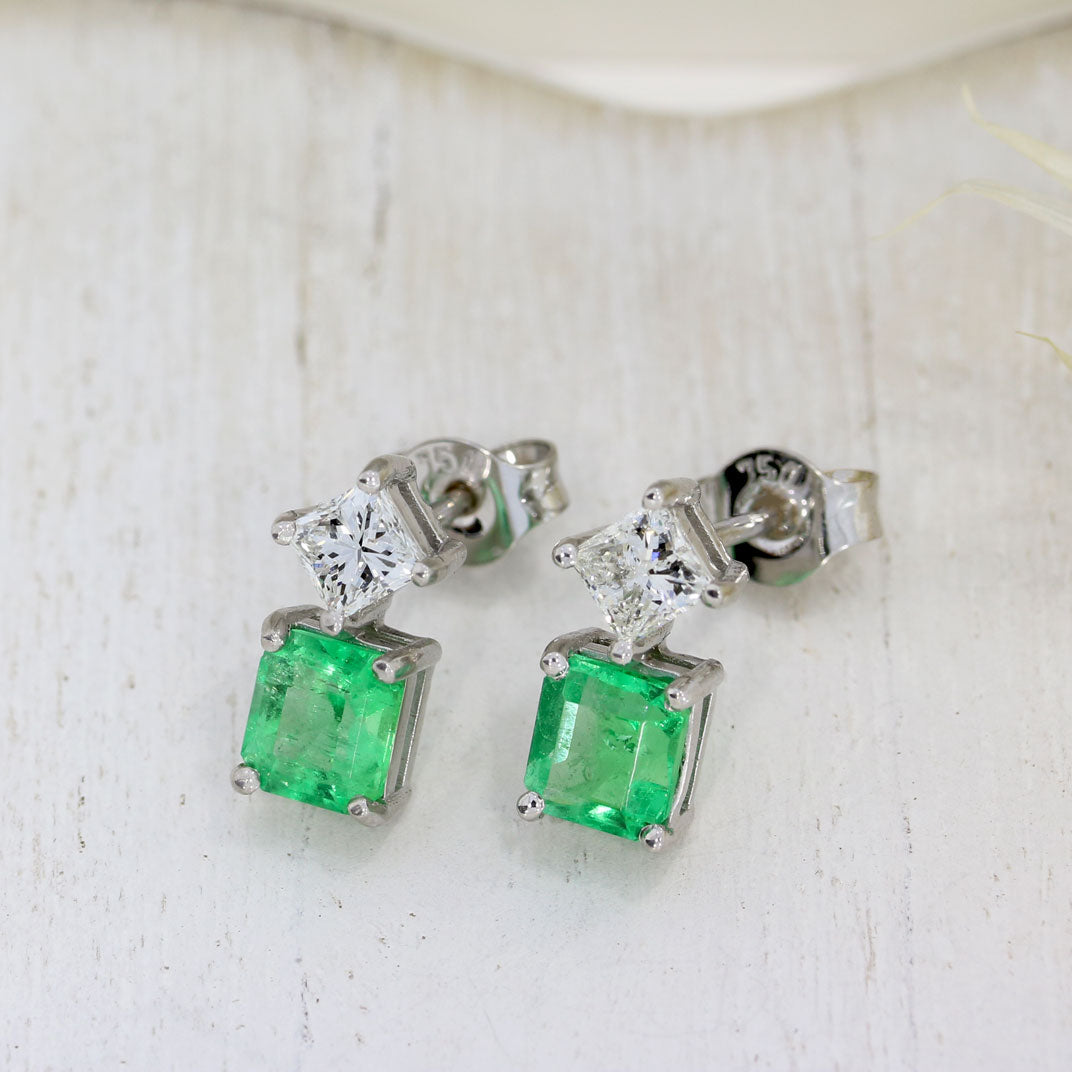 18ct White Gold Square Emerald & Princess Cut Diamond Stud Earrings