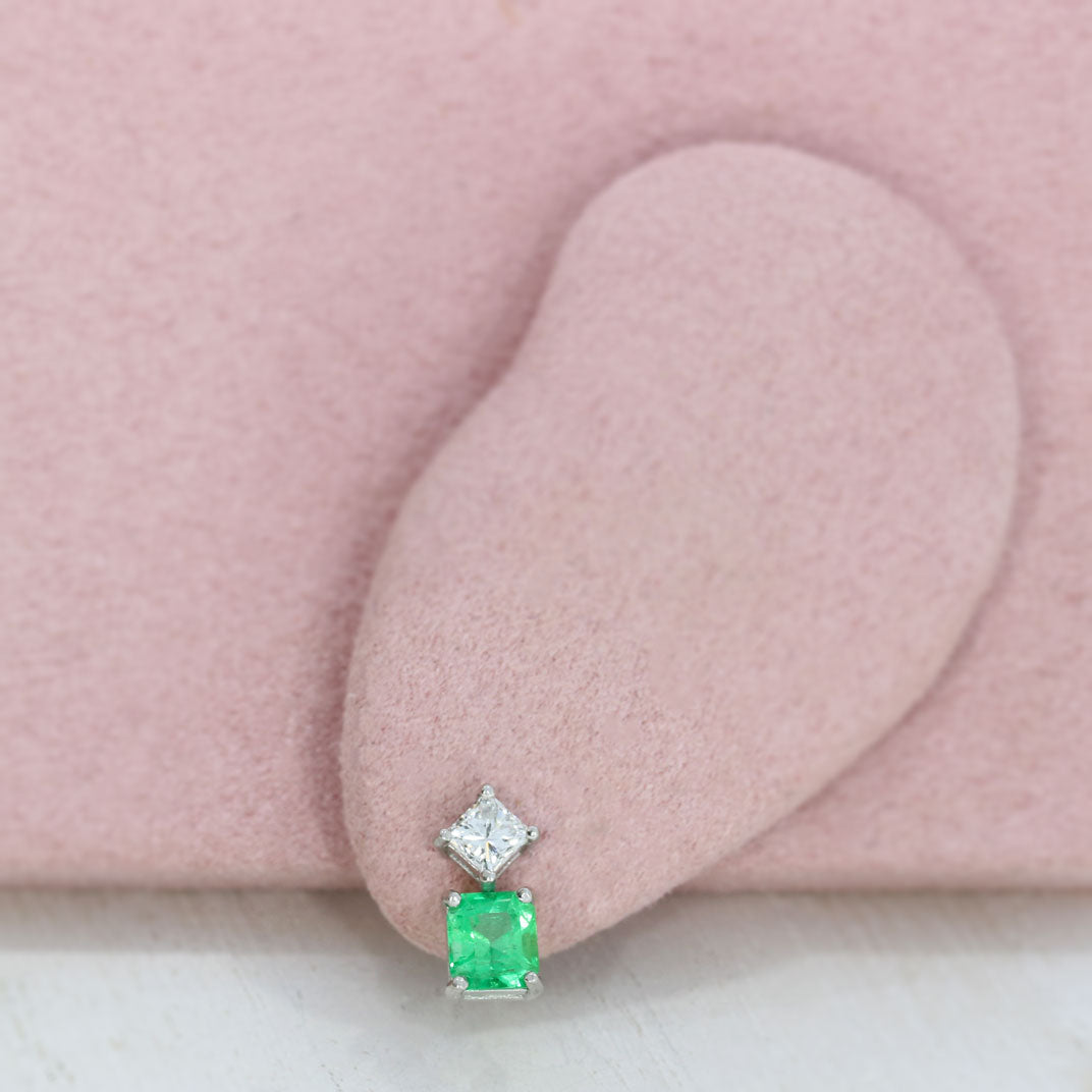 18ct White Gold Square Emerald & Princess Cut Diamond Stud Earrings