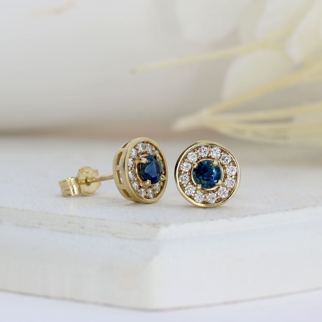 9ct Yellow Gold Claw Set Sapphire & Pave Set Diamond Halo Stud Earrings