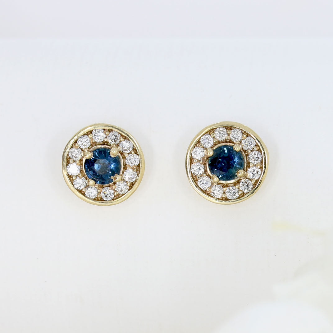 9ct Yellow Gold Claw Set Sapphire & Pave Set Diamond Halo Stud Earrings