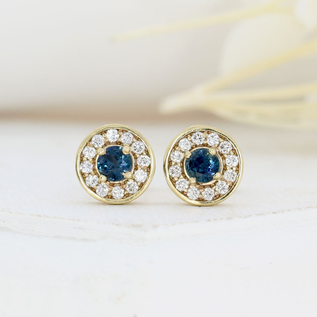 9ct Yellow Gold Claw Set Sapphire & Pave Set Diamond Halo Stud Earrings