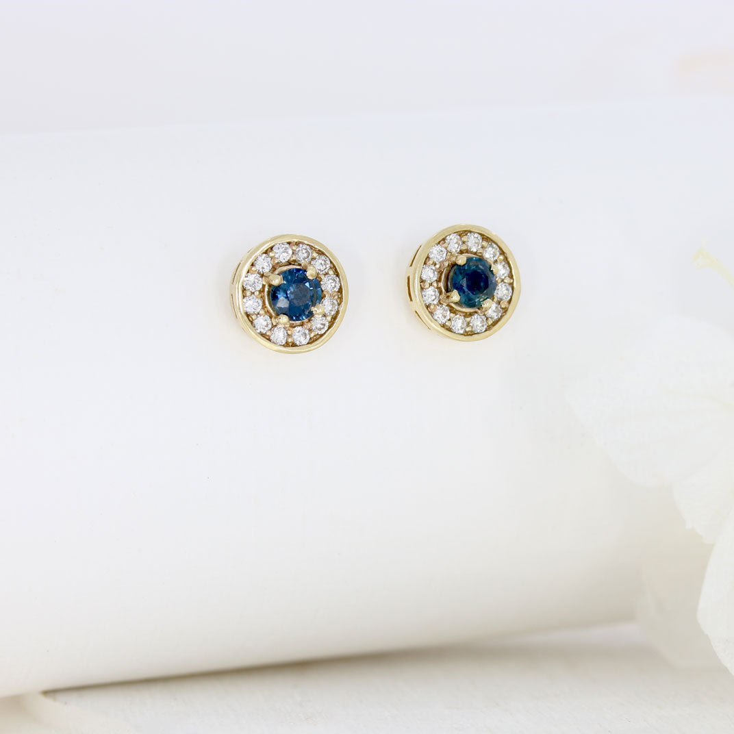 9ct Yellow Gold Claw Set Sapphire & Pave Set Diamond Halo Stud Earrings