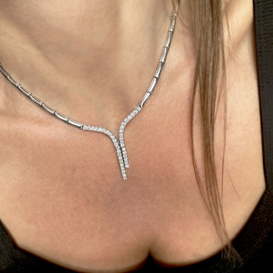Pre Owned 18ct White Gold Bar Link Necklace with Double Row Diamond Drop Approx 2ct