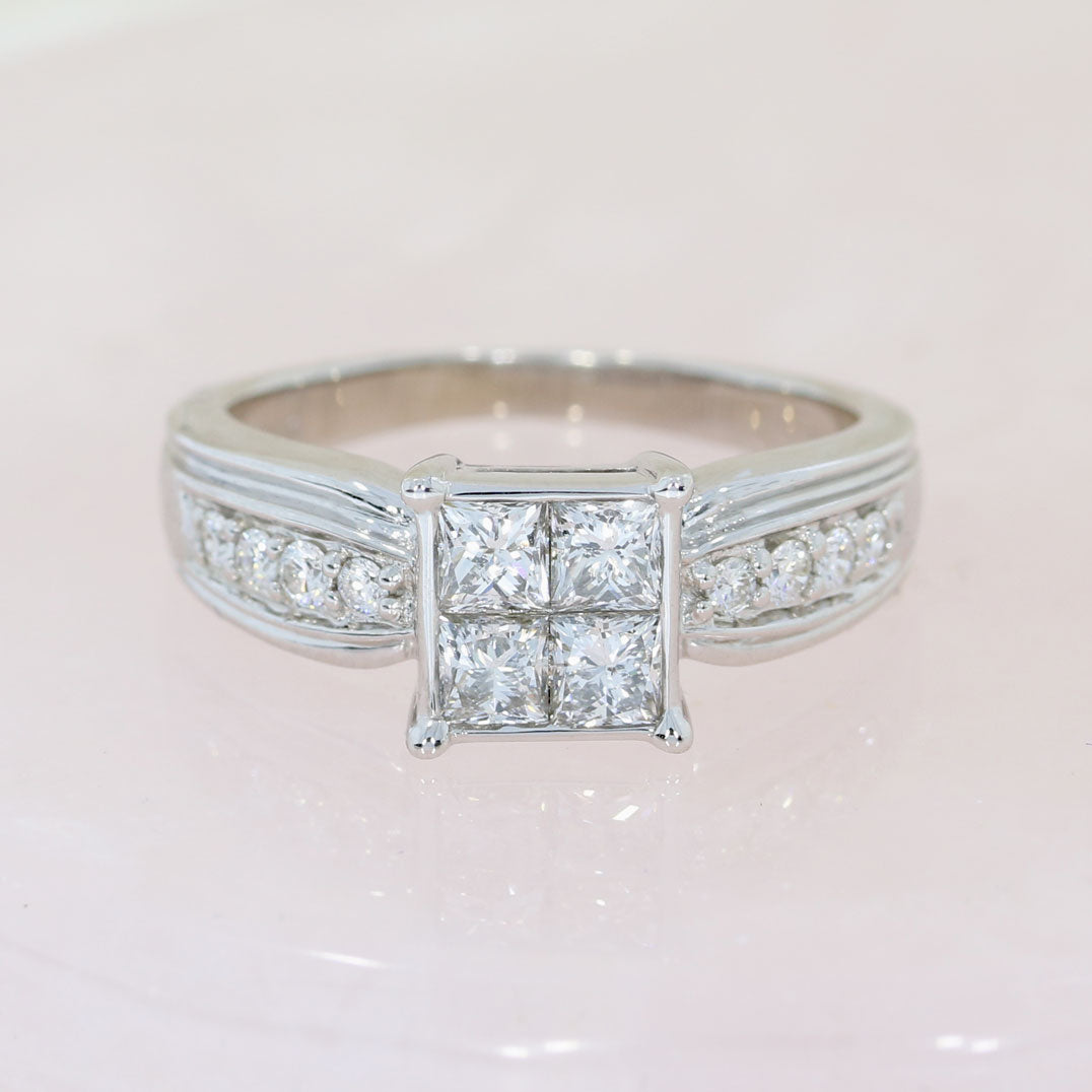 Pre Owned 18ct White Gold Invisible Set Princess Cut Diamond Cluster Ring 1.00ct